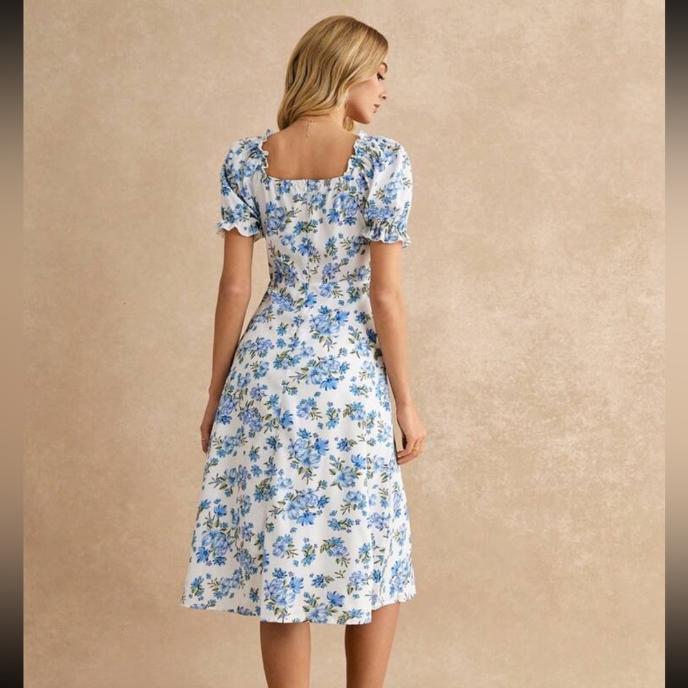 Floral Blue and White Midi Dress